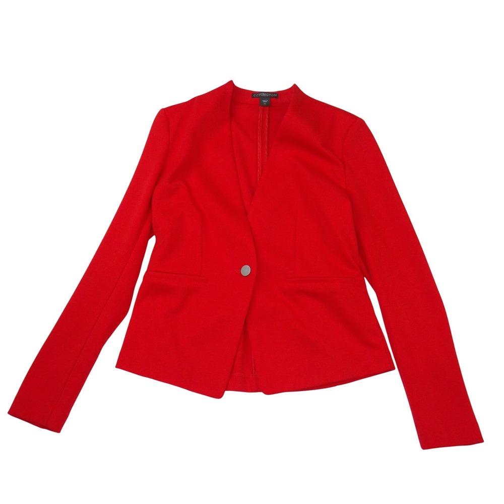 VTG Covington Womens Red Single Button Open Front Collarless Blazer Jacket Small